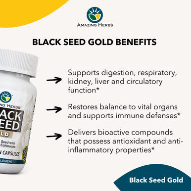Amazing Herbs Whole Spectrum Black Seed Gold - Black Cumin Seed With Goldenseal & Ecea, Gluten-Free & Non-Gmo, Immune Support, Promotes Health & Wellness - 60 Count
