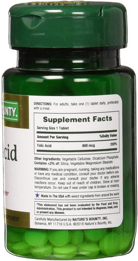 Nature's Bounty Folic Acid 800 mcg Vitamin Supplement Maximum Strength - 250 Tablets, Pack of 2