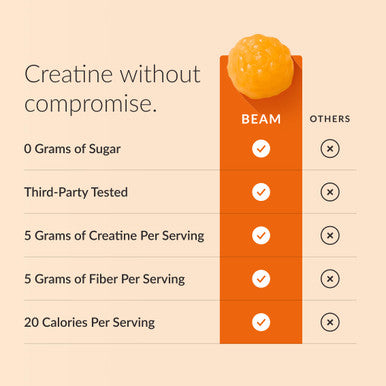 Beam Creatine Gummies Creatine Monohydrate Gummies with 5g Creatine Sugar Free Muscle Strength & Workout Recovery Support Creatine Gummies for Women and Men Orange Flavor Vegan 30 Servings