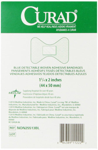 Curad -NON25513 Fingertip Adhesive Bandages Food Service Blue Detectable Bandage 100 CountFingertip 1.75" x 2" (Packaging may vary)