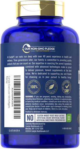 Carlyle Cod Liver Oil Softgels | 1245mg | 250 Count | Norwegian | Non GMO Gluten