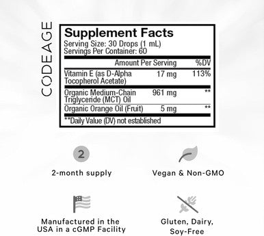 Codeage Liquid Vitamin E+ - USDA- Organic Vitamin E - 2-Month Supply - D-Alpha Tocopherol Acetate Organic MCT Oil Organic Orange Fruit Oil Unflavored Non-GMO Vegan Gluten- 2 fl oz