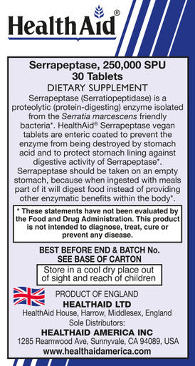 Serrapeptase - 250,000 Spu - 30 Tablets - Once Daily - Vegan