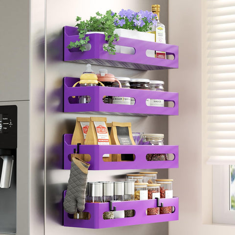 4-Pack Magnetic Spice Rack for Refrigerator with Hooks, Pink | Strong multipurpose magnetic shelf for kitchen & bathroom organization. Includes 4 removable hooks for hanging items.