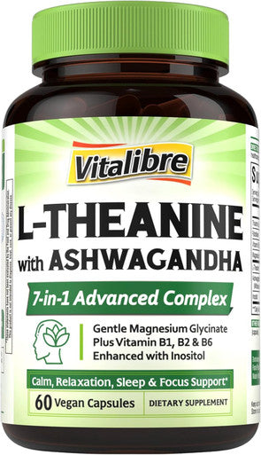 Vitalibre L-Theanine 200Mg Supplement, Magnesium Glycinate, Ashwagandha, Inositol, Vitamin B1 B2 B6, No Gluten, Calm, Relaxation, Focus, Cognitive Function, 60 Vegan Caps