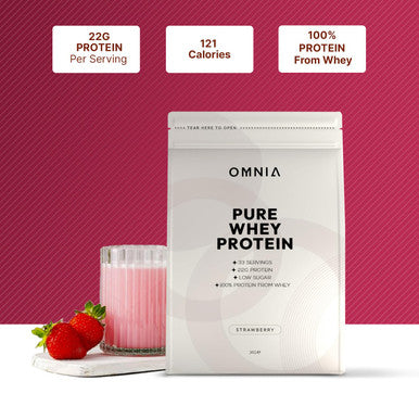 OMNIA Pure Whey Protein Powder Nutrition Low Carbs and Low Sugar Muscle Building Powder Over 22G Protein Per Serving - 33 Servings - 1 KG - Strawberry