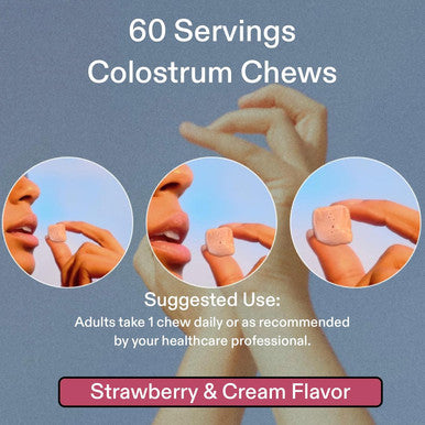 Miracle Moo Colostrum Chews Supplement for Gut Health Bloating Immune Support Skin Hair Growth and Beauty - Grass Fed Bovine Powder - Strawberry Flavor (60 Servings)