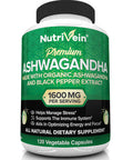 Nutrivein Organic Ashwagan Capsules 1600mg with Black Extract - 120 Vegan Pills - 100% Pure Root Powder Supplement - Supports Relief, Immune, Energy, Stamina & Mood