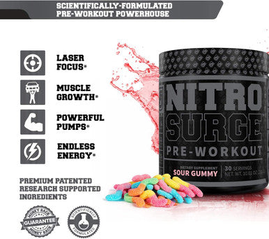 NITROSURGE Black Pre Workout Supplement Nootropic Energy Booster Powder w/Dynamine TeaCrine PreWorkout Nitric Oxide Booster 30 Servings Sour Gummy