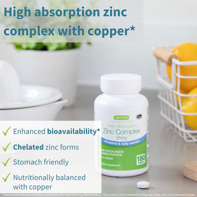 Igennus Advanced and Chelated Zinc Picolinate and Bisglycinate Complex 25Mg With Copper Supplement For Women and Men Clean Label and Vegan Immune Skin And Cellular Health High Absorption 180 Tablets