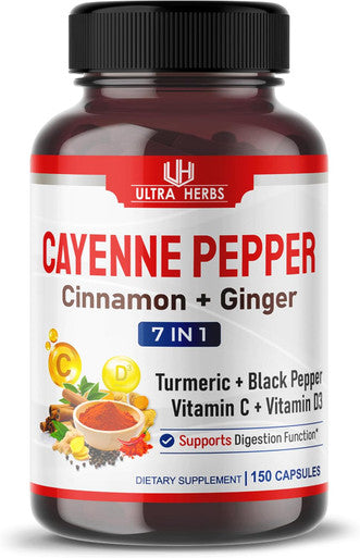 Ultra Herbs Cayenne Pepper 7 IN 1 - 16250mg - with Ginger Turmeric Cinnamon Black Pepper - Promotes Digestive System Function (150-day supply (pack of 1))