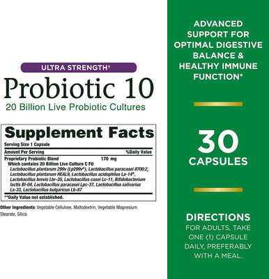 Nature's Bounty Probiotic 10 Ultra Strength Daily Probiotic Supplement Support For Digestive Immune And Upper Respiratory Health 2 Pack 30 Capsules