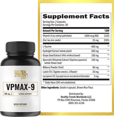 Golden After 50 VpMax9 Vision Support Supplement 3 Bottles Eye Health Support and Antioxidant Supplement with Eye Vitamins Lutein Lycopene and Bilberry Extract