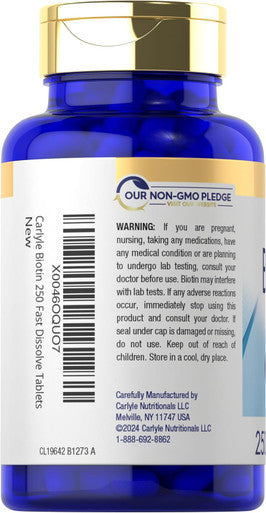 Carlyle Biotin 5000mcg | 250 Fast Dissolve Tablets | Vegetarian Non-GMO Gluten Supplement