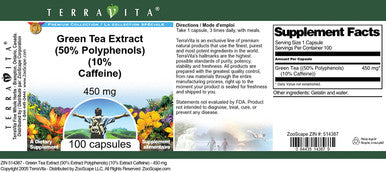 Terravita Green Tea Extract (50% Polyphenols) (10% Caffeine) - 450 Mg (100 Capsules, Zin: 514387) - 3 Pack