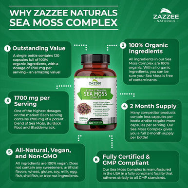 Zazzee Extra Strength Organic Sea Moss Complex, 1700 mg, 100% Organic Ingredients, 120 Vegan Capsules, with Organic Bladderwrack and Organic Burdock Root, Vegan, Non-GMO and All-Natural