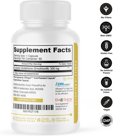 SAcetyl Glutathione Gold 300mg PER Capsule 60 DRcaps AcidResistant ExtraStrength Patented Acetylated Form of Glutathione Emothion Pharmaceutical Grade Freeof Harmful Stearates