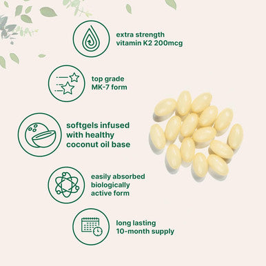 Micro Ingredients Vitamin K2 MK-7 Supplement 200 mcg Per Serving 300 Coconut Oil Softgles | Easily Absorbed Active Menaquinone Form | Immune Joint & Heart Support | Non-GMO