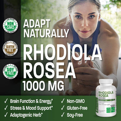 Bronson Rhodiola Rosea 1000mg Supplement - Adaptogenic Herb for Brain, & Mood Support - Non-GMO, 120 Vegetarian Capsules