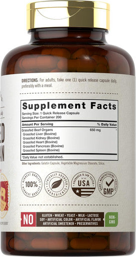 Carlyle Grass Fed Beef Organ Complex | 200 Capsules | Pasture Raised Grain Supplement | with Desiccated Liver Kidney Pancreas Heart Spleen | Non-GMO Gluten | by Herbage Farmstead