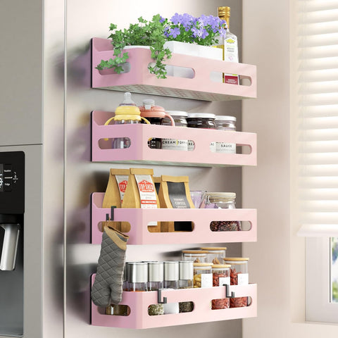 4-Pack Magnetic Spice Rack for Refrigerator with Hooks, Pink | Strong multipurpose magnetic shelf for kitchen & bathroom organization. Includes 4 removable hooks for hanging items.
