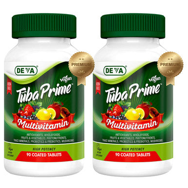 Deva Tuba Prime Vegan Multivitamin Iron- High-Potency Vitamin & Mineral Dietary Supplement Antioxidants, Fruit & Veg Blend, Super Mushrooms, Probiotics, Prebiotics, Seeds, Herbs 90 Tabs 2-Pack