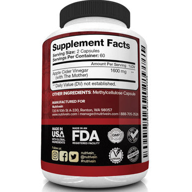 Nutrivein Apple Cider Vinegar Capsules with Mother - 1600mg - 120 Vegan Pills - Supports Healthy Weight Loss, Diet, Digestion, Keto, Cleanser - Best Supplement for Immune System - ACV Raw