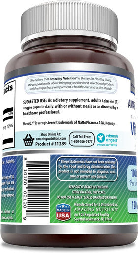 Amazing Nutrition Formulas Vitamin K2 Menaq7 MK7 Supplement | 100 Mcg | Veggie Capsules | Non-GMO | Gluten | Made in USA (1 Pack 120 Count)