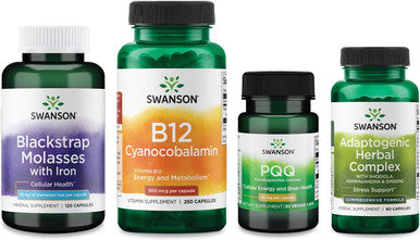 Swanson Energy Bundle: Blacktrap Molasses - Vitamin B12 - Pqq Pyrroloquinoline Quinone - Rhodiola Ashwagandha Ginseng