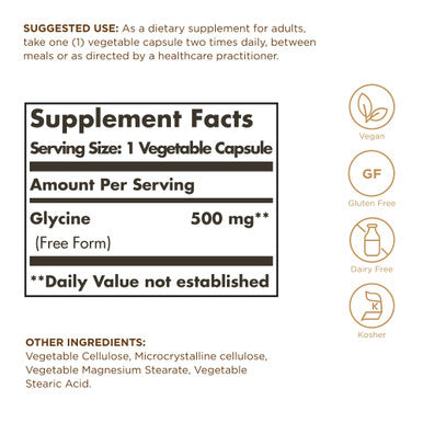 Solgar Glycine 500 Mg - 100 Vegetable Capsules - Non-Gmo Vegan Gluten Free Dairy Free Kosher - 100 Servings