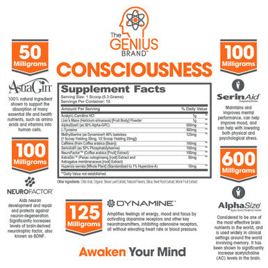 Genius Consciousness, Super Nootropic Brain Supplement Powder, Mango - Boost Focus, Cognitive Function, Concentration & Memory Booster - Alpha GPC & Lions Mane Mushroom for Neuro Energy & IQ