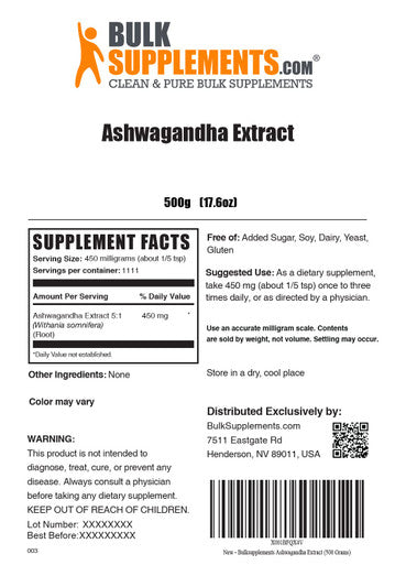 BulkSupplements Ashwagan Root Extract Powder - Herbal Supplement, Ashwagan Powder - - 450mg , 1111 Servings (500 Grams - 1.1 lbs)