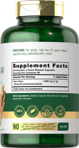 Carlyle Cat'S Claw Capsules 1000Mg | 180 Count | Uncaria Tomentosa | Non-Gmo, Gluten Free Supplement