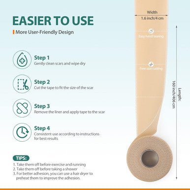 Geloo Professional Silicone Scar Sheets (Roll 1.6 160"- 4.06M) - Extended Edition Silicone Scar Tapes - Reusable Scar Removal Silicone Gel Strips For C-Section, Keloid, Surgery, Burn Scar Etc