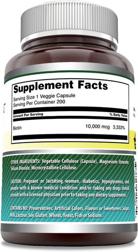 Amazing Nutrition Formulas Biotin 10000mcg 200 Veggie Capsules Supplement | Non GMO | Gluten | Made in USA | Suitable for Vegetarians