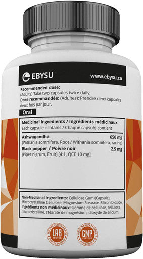 EBYSU Ashwagandha Supplement - 120 Capsules with Black Pepper Extract - Traditionally Used in Ayurveda Nervine Tonic, Sleep Aid & Memory Enhancement - 650mg Root Powder Pills