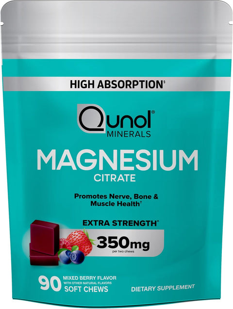 Qunol Magnesium Citrate Soft Chews 350mg Extra Strength Magnesium Supplement High Absorption to Support Nerve Bone and Muscle Health 90 Count