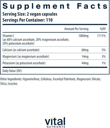 Vital Nutrients Buffered Vitamin C 500mg | Vegan Gentle Vitamin C for Sensitive Individuals | Immune Support Supplement | Gluten Dairy and Soy | Non-GMO | 220 Capsules