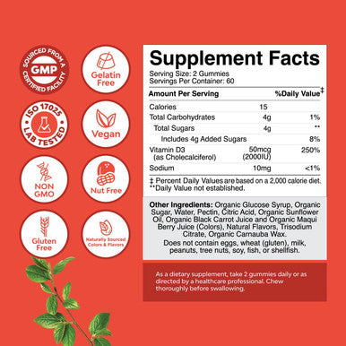 Natures Craft Organic Vitamin D Gummies for Adults - Daily Immune Support Gummies with Vegan Vitamin D3 2000IU - USDA Organic Vitamin D3 Gummies for Adults Wellness - Non GMO Gluten - 2 Month Supply