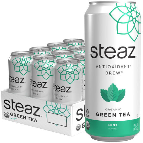 Steaz Organic Green Tea Zero Calorie Raspberry (12 Pack) Antioxidant Brew 65mg Natural Caffeine Vitamin C Stevia Sweetened Iced Tea Vegan Fair Trade 12 Cans 16 fl oz (473mL)