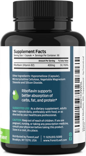 ForestLeaf Vitamin B2 Riboflavin 400mg 90 Veg Capsules