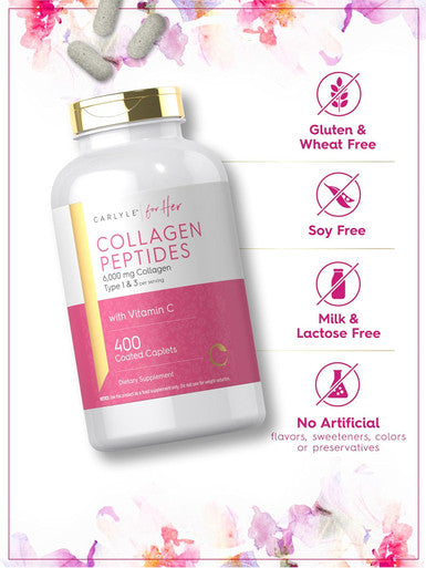 Carlyle Collagen Peptides 6000mg | 400 Caplets | with Vitamin C | Type 1 and 3 | Non-GMO Gluten Grass Fed Supplement