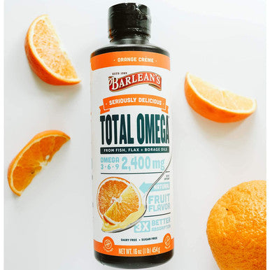 Barleans Total Omega Orange Creme Fish Oil Supplements with Flaxseed Oil and Borage Oil 2400mg of Omega 3 6 9 EPA/DHA AllNatural Fruit Flavor NonGMO Gluten Free 16 Ounce
