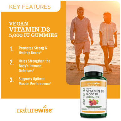 Naturewise Vegan Vitamin D3 5,000 Iu Gummies - No Artificial Flavors Or Colors, Supports Immune System & Strong Bones - Gluten