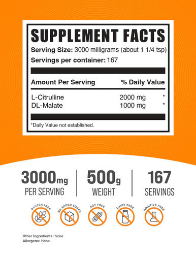 Bulksupplements.Com L-Citrulline Malate 2:1 Powder - L Citrulline Malate Supplement, Citrulline Malate Powder - Unflavored & Gluten Free - 3G Per Servings, 500G (1.1 Lbs) (Pack Of 1)