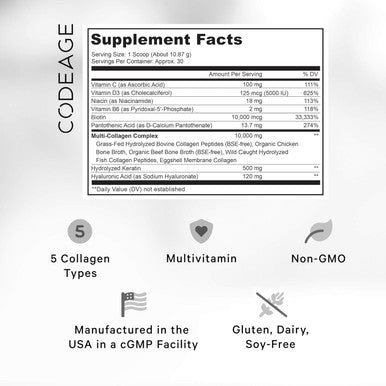 Codeage Multi Collagen for Women & Men Biotin 10000mcg Keratin Protein Powder Vitamin C B6 D3 Hyaluronic Acid Niacin - Hydrolyzed Collagen Coffee Creamer 5 Types - Unflavored - Non-GMO - 11.5oz