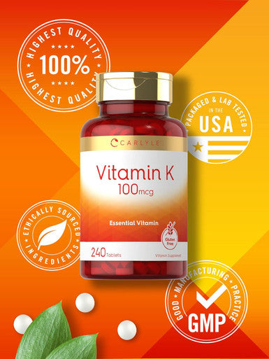 Carlyle Vitamin K 100 mcg | 240 Tablets | Vegetarian Non-GMO Gluten | Vitamin K Supplement