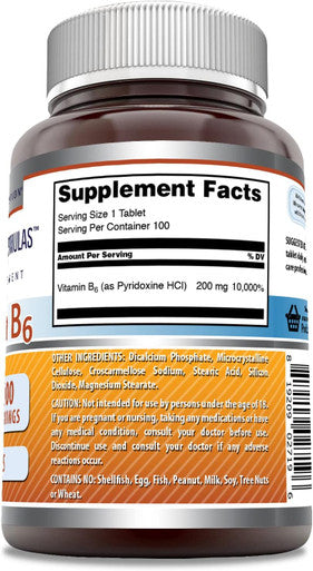 Amazing Nutrition Formulas Vitamin B6 Pyridoxine 200mg 100 Tablets Supplement | Non-GMO | Gluten | Made in USA