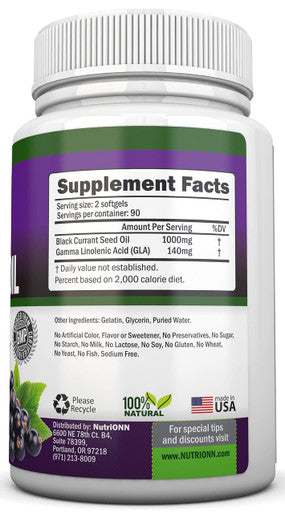 Black Currant Oil - 1000 Mg - 180 Softgels - Cold-Pressed Pure Black Currant Seed Oil - Hexane Free - 140mg GLA - Regulates Hormonal Balance - Great for Immune System, Hair and Skin