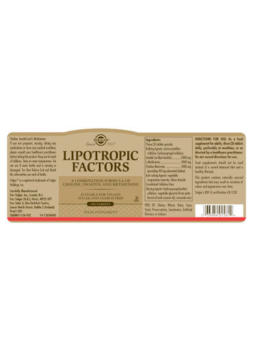 Solgar Lipotropic Factors 100 Tablets - Liver Support - Vegan Gluten Free Dairy Free Kosher - 33 Servings